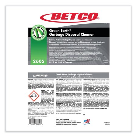 Betco Green Earth Garbage Disposal Cleaner, Fruity Scent, 2 oz Packet, PK30, 30PK 2605P5700